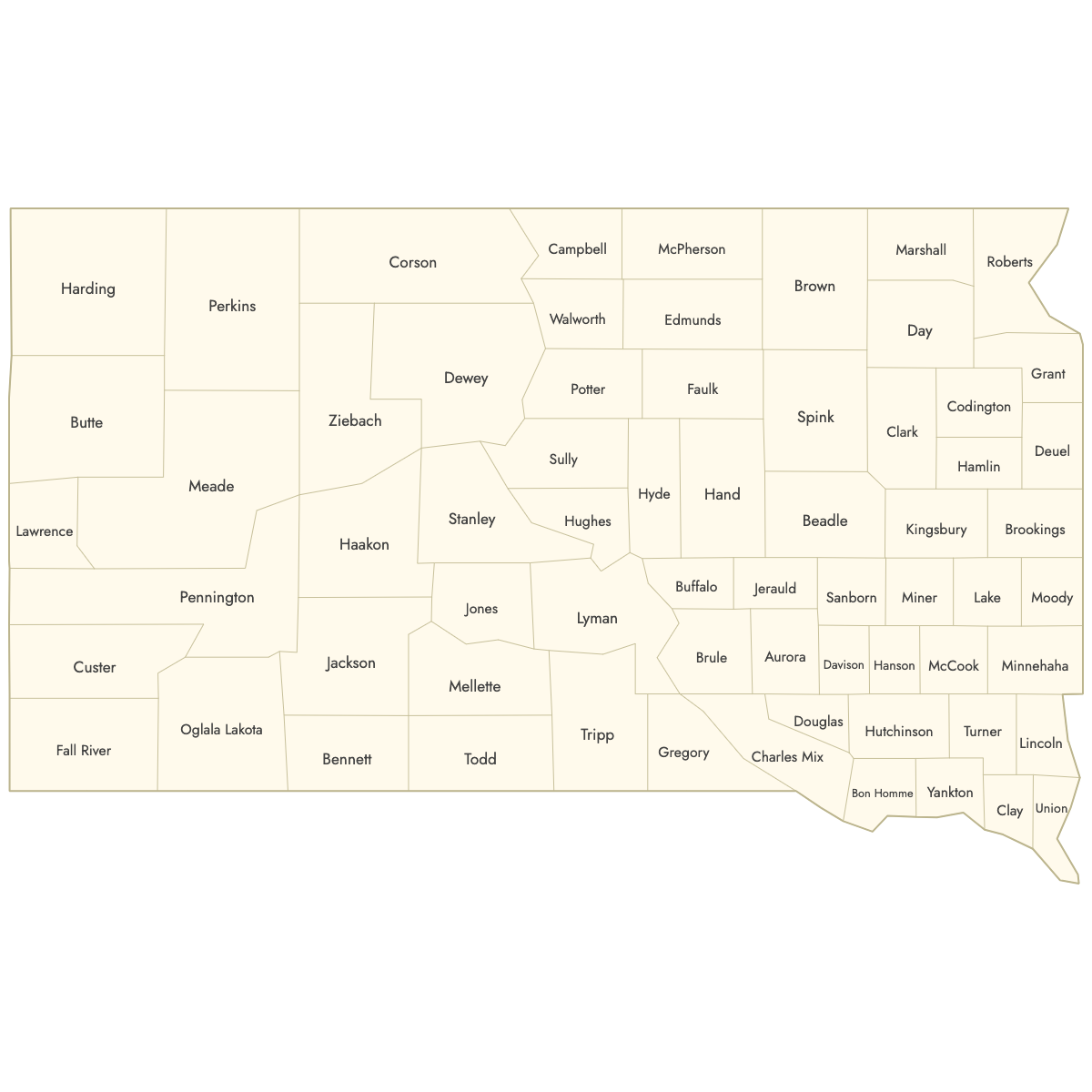 Unstyled Map of South Dakota Counties With Labels