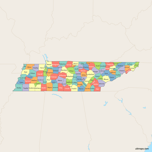 Preview of Colored Map of Tennessee Counties with Surrounding Areas