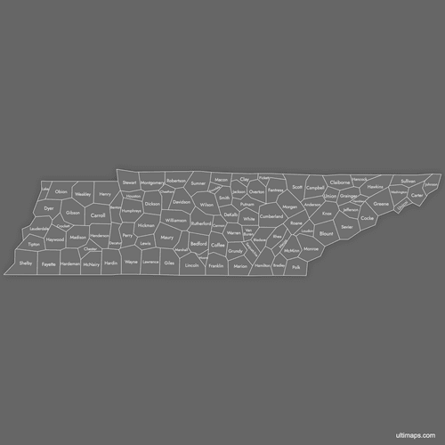 Preview of Labeled Map of Tennessee Counties (Dark)