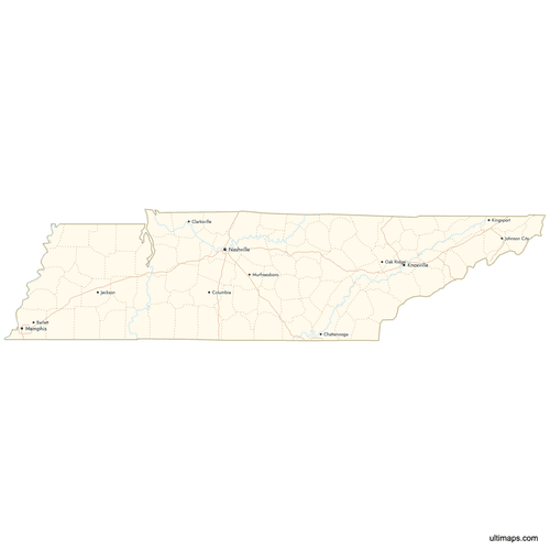 Preview of Map of Tennessee Counties with Cities