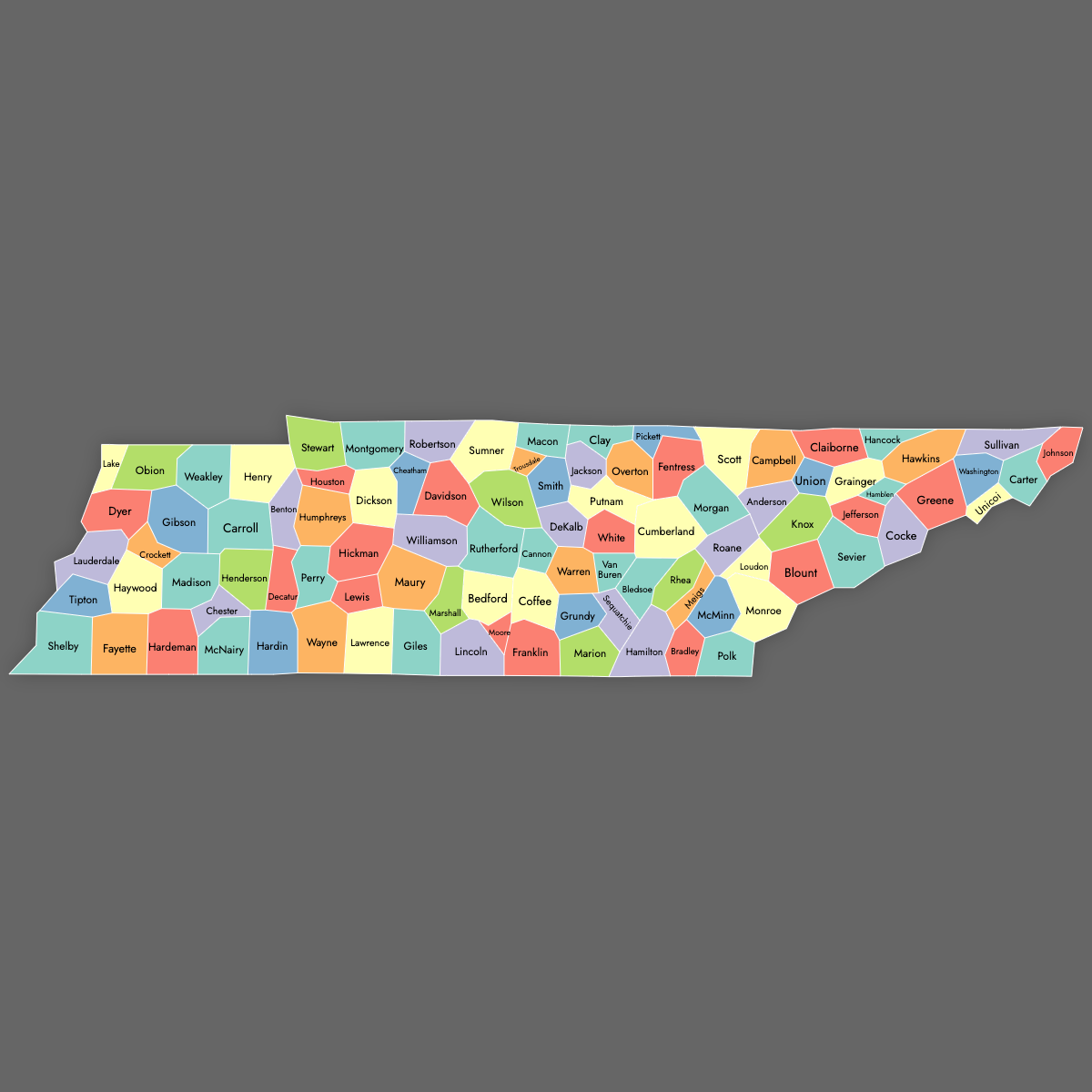 Custom Map of Tennessee Counties with Labels (Dark Theme)