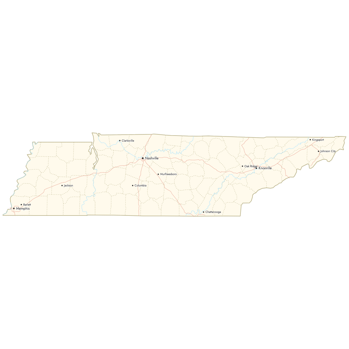 Custom Map of Tennessee Counties with Cities
