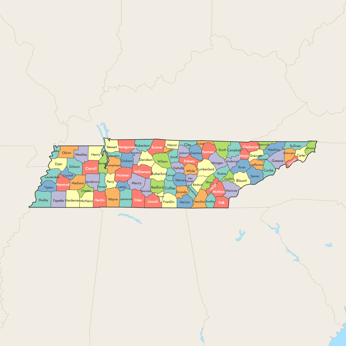 Custom Map of Tennessee Counties with Surrounding Areas