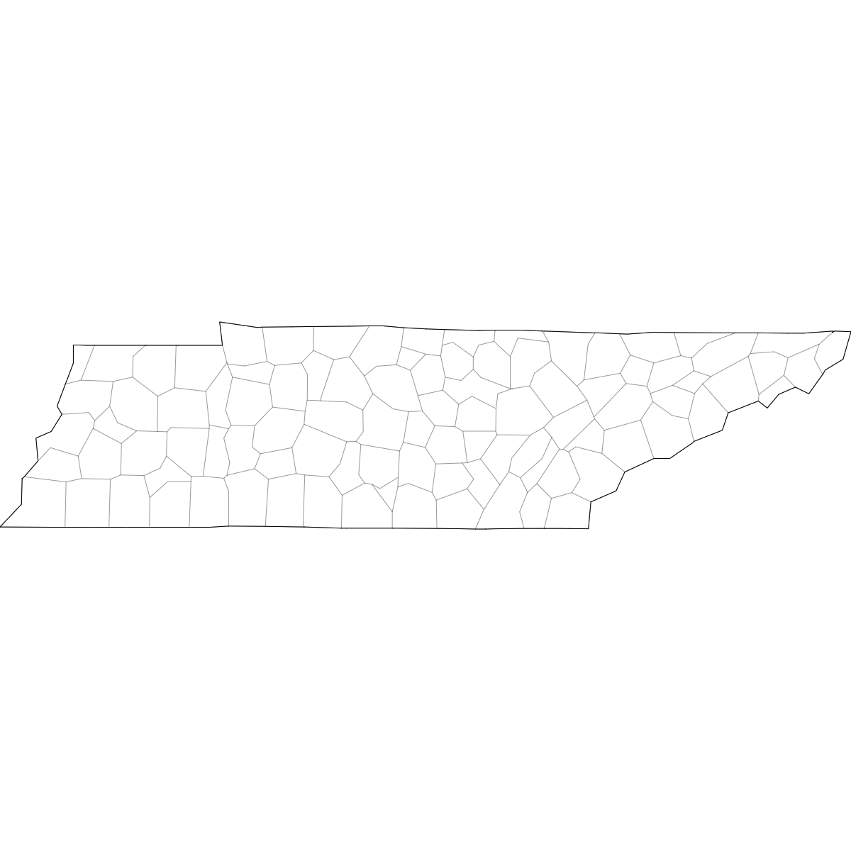 Outlined Map of Tennessee Counties