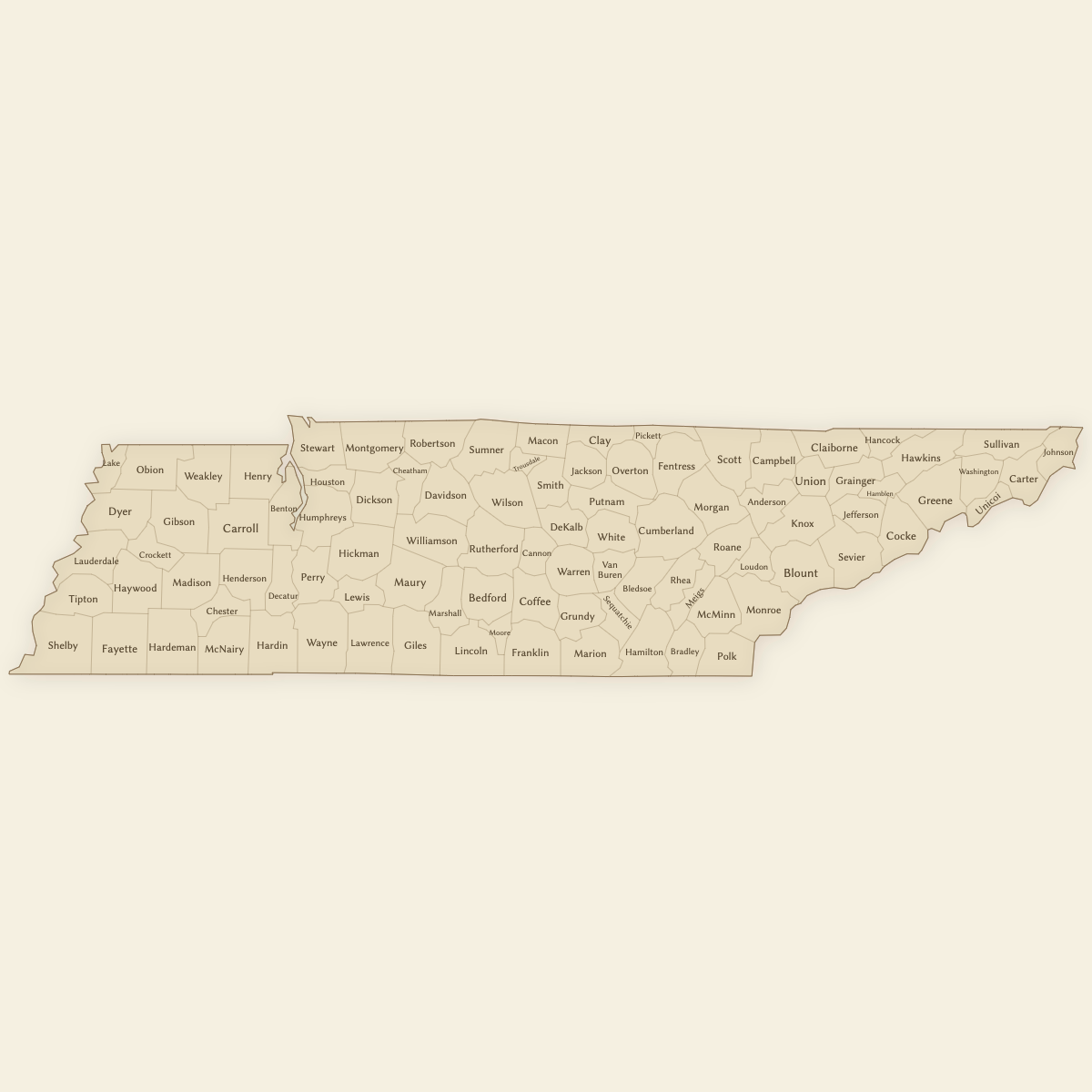 Styled Map of Tennessee Counties (Vintage Theme)