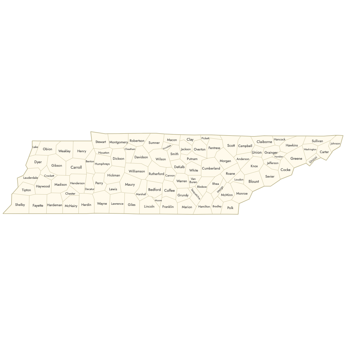Unstyled Map of Tennessee Counties With Labels
