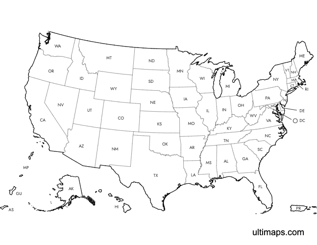 Preview of Labeled Map of the United States with Outlying Territories (A4)