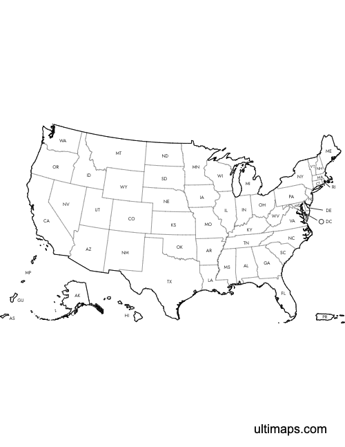 Preview of Labeled Map of the United States with Outlying Territories (Letter)