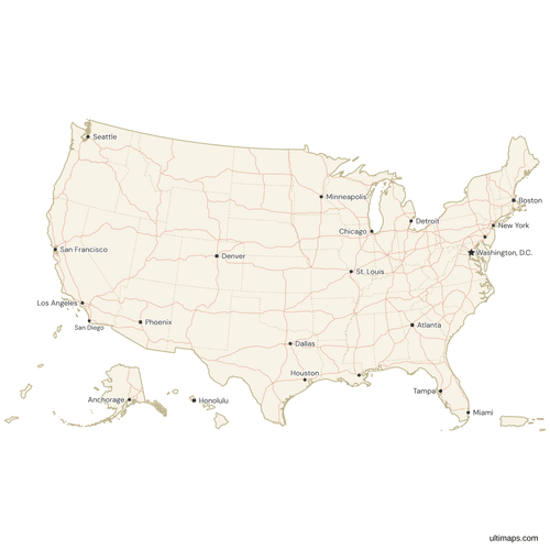 Map of the United States and Territories with Cities and Roads
