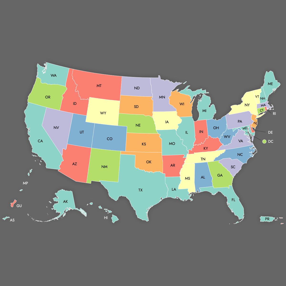 Custom Map of the United States with Outlying Territories with Labels (Dark Theme)