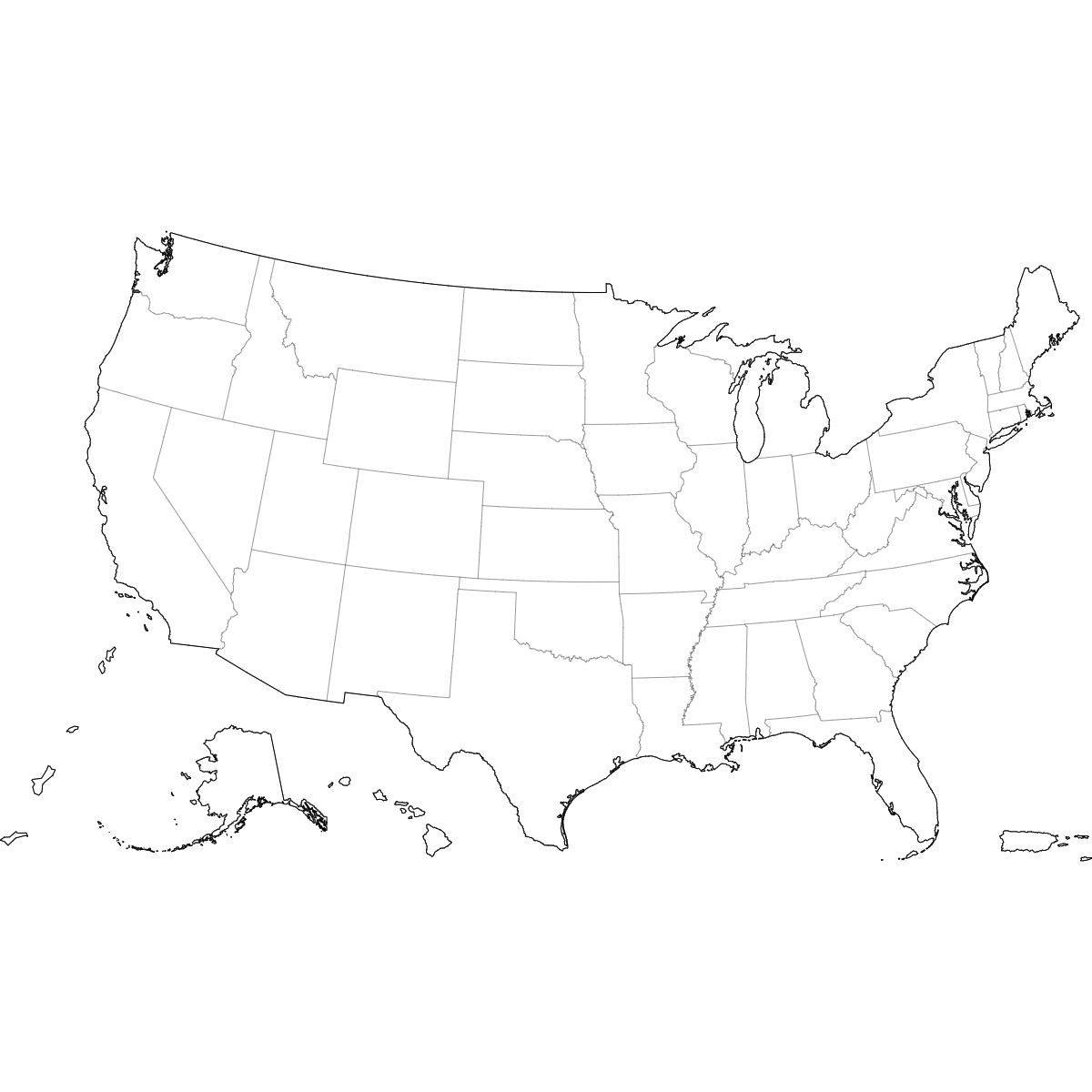 Blank outline map of the United States with Puerto Rico and Territories showing state borders