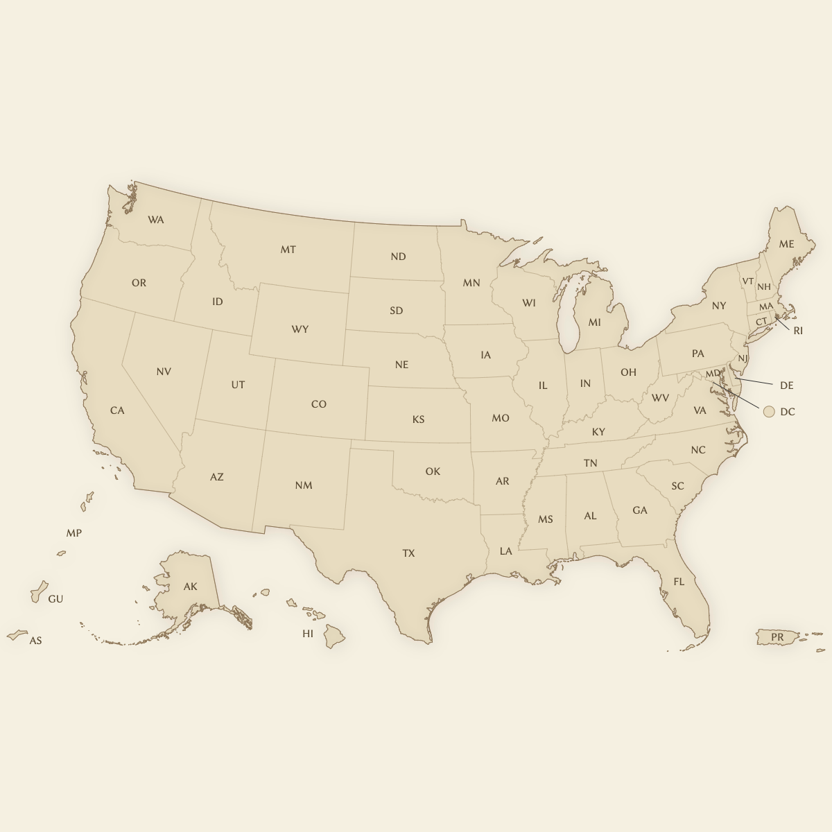 Styled Map of the United States with Outlying Territories (Vintage Theme)