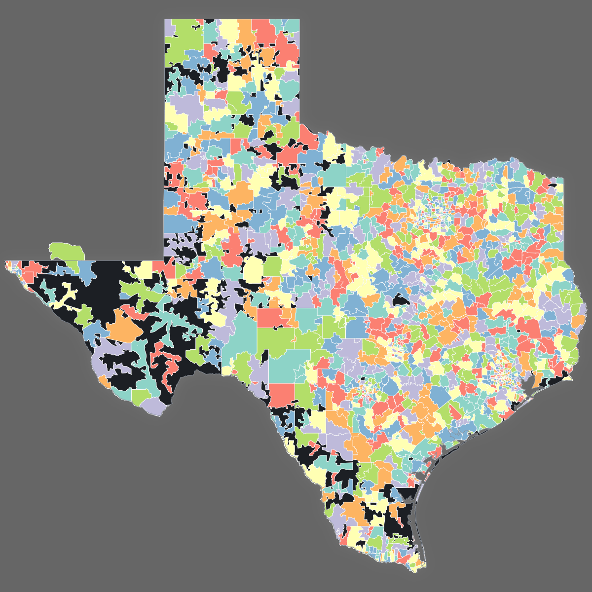 Dark themed map of Texas with ZIP Codes