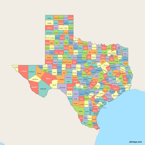 Preview of Colored Map of Texas Counties with Surrounding Areas