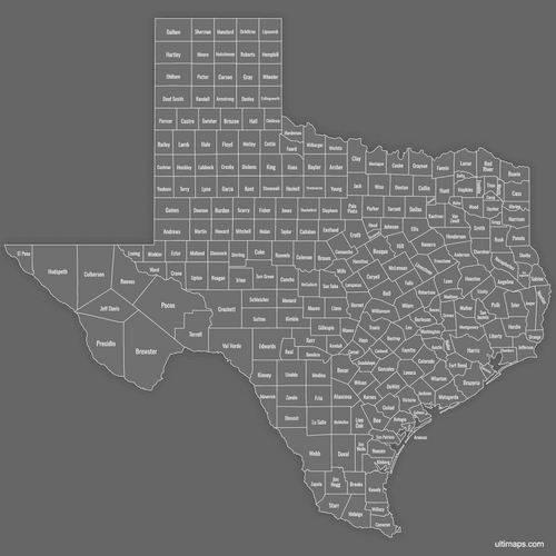 Preview of Labeled Map of Texas Counties (Dark)
