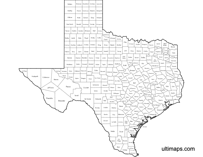 Preview of Labeled Map of Texas Counties (Letter)