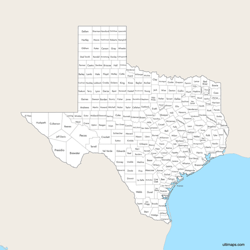 Preview of Labeled Map of Texas Counties with Surrounding Areas