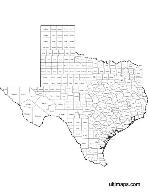 Preview of Labeled Map of Texas Counties (Letter)