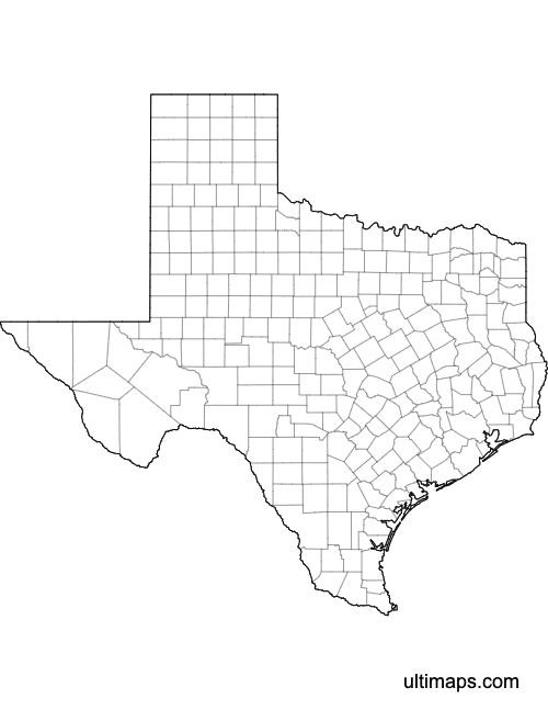 Preview of Outlined Map of Texas Counties (Letter)