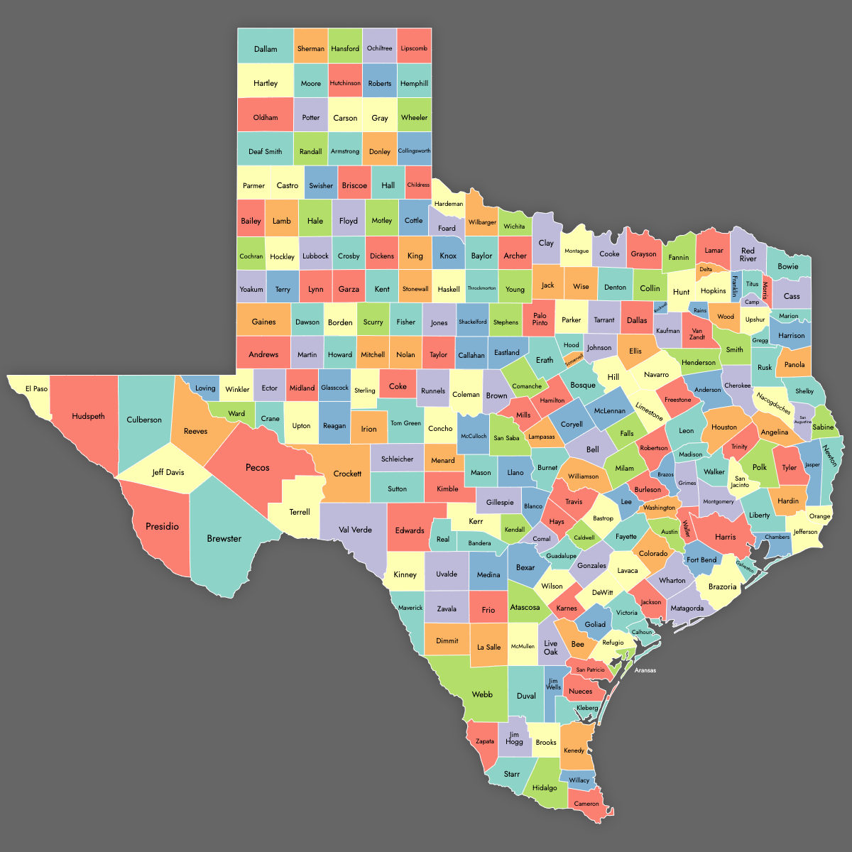 Custom Map of Texas Counties with Labels (Dark Theme)