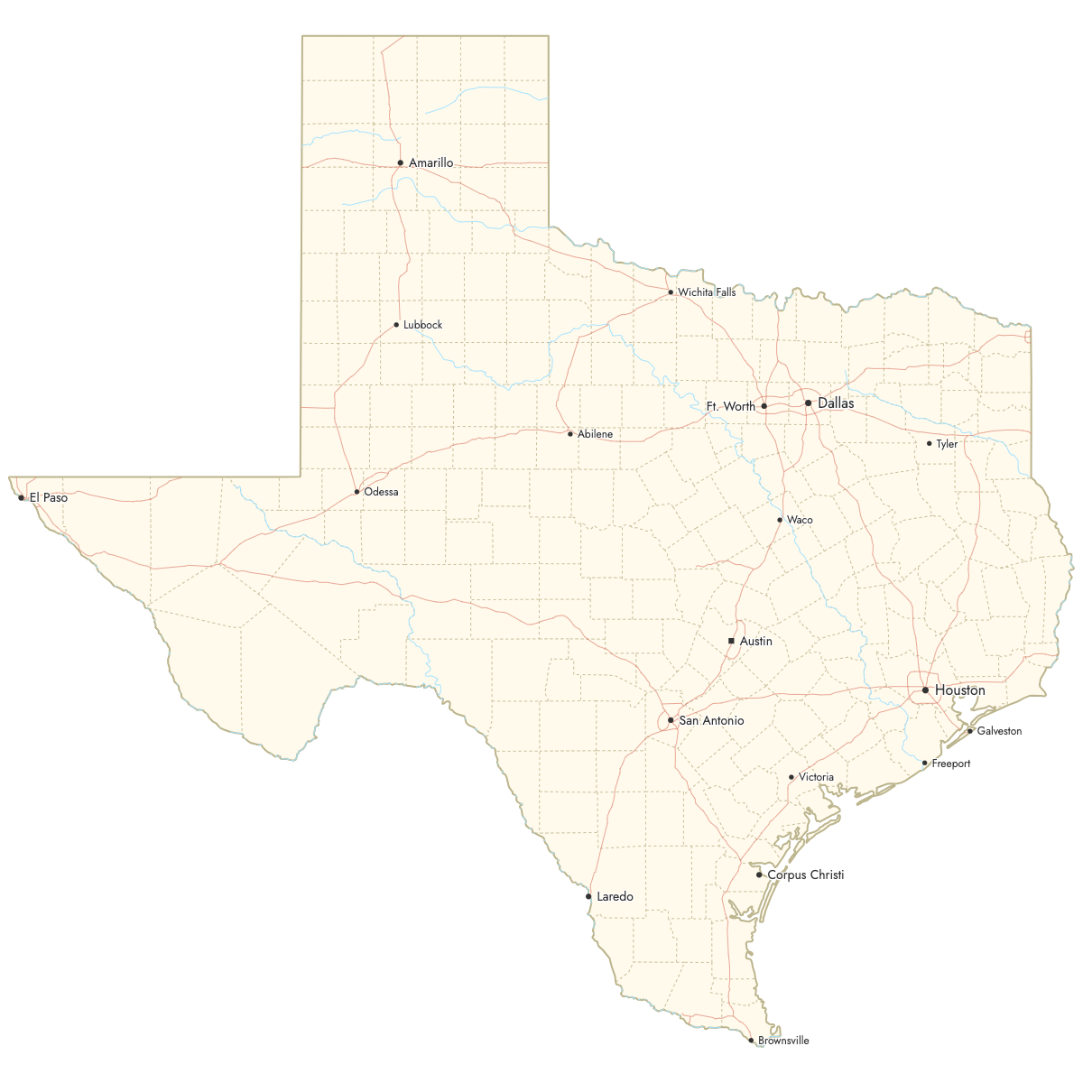 Custom Map of Texas Counties with Cities