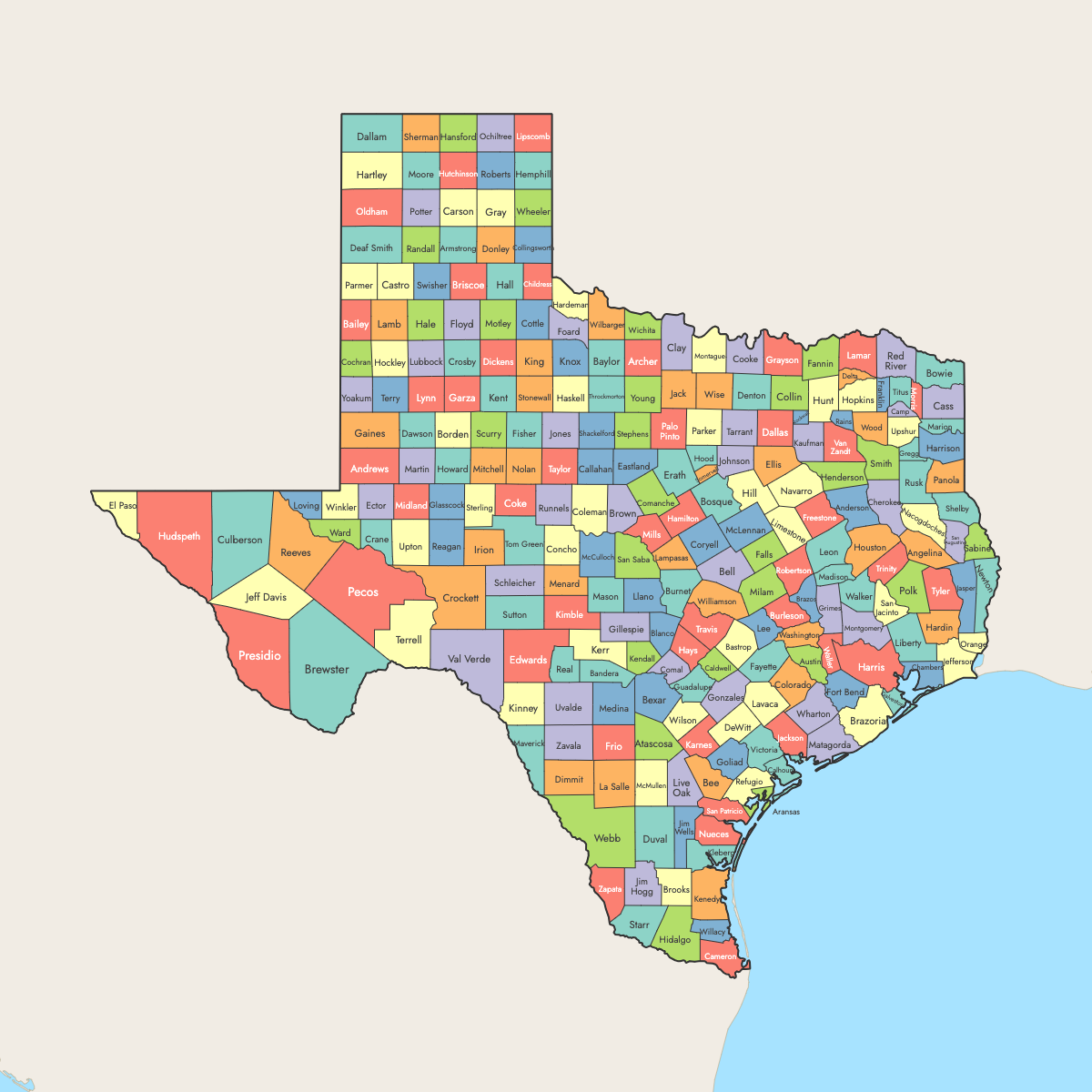Custom Map of Texas Counties with Surrounding Areas
