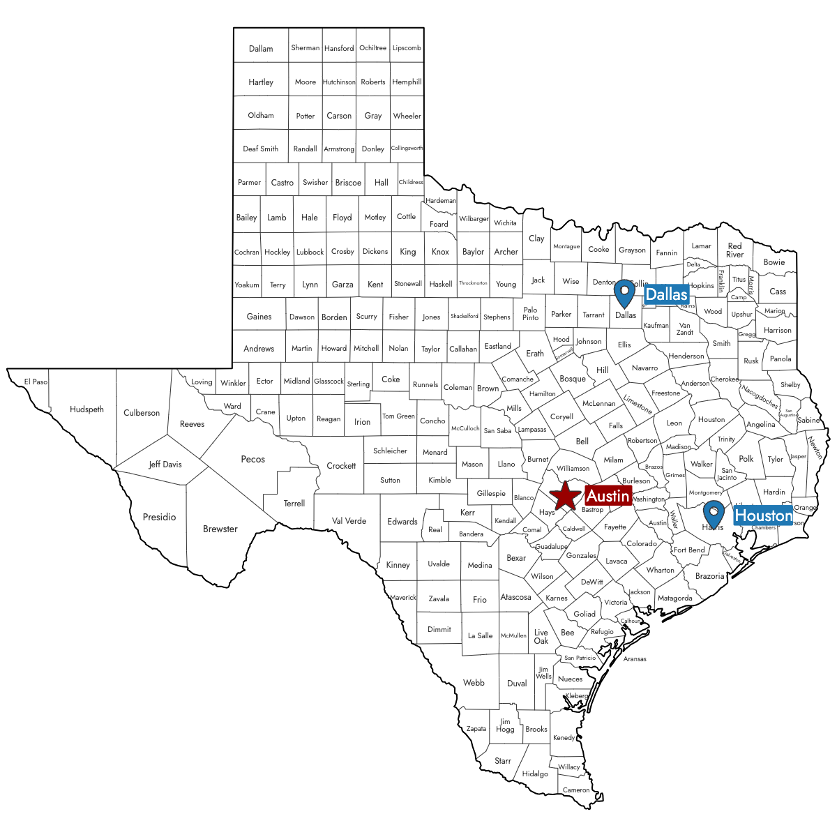 Map of Texas Counties with Pins