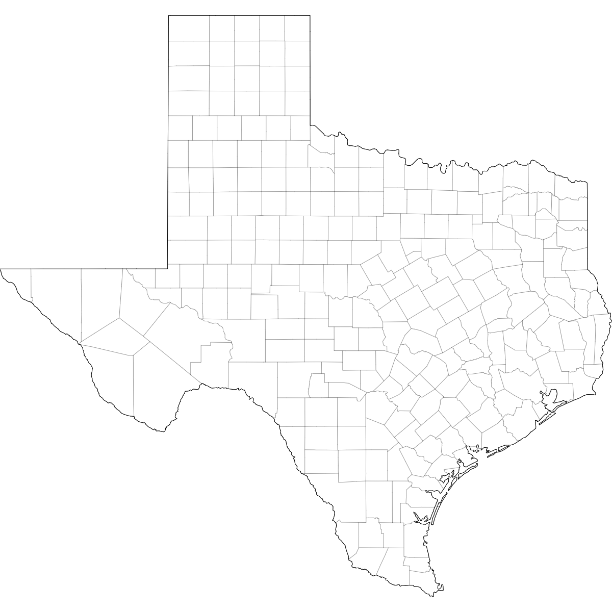 Blank outline map of Texas showing county borders