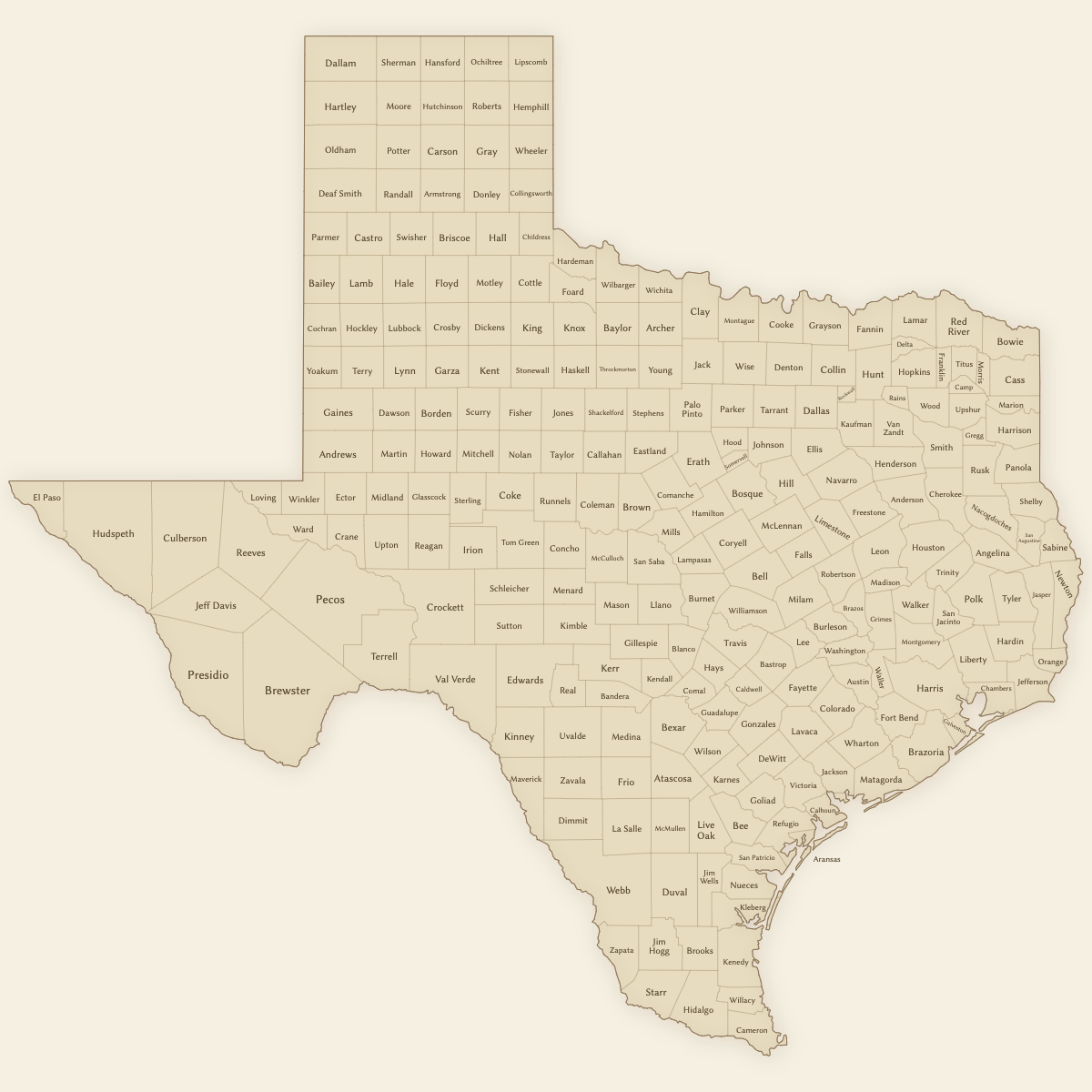 Styled Map of Texas Counties (Vintage Theme)