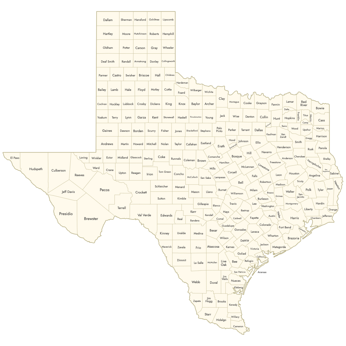 Unstyled Map of Texas Counties With Labels