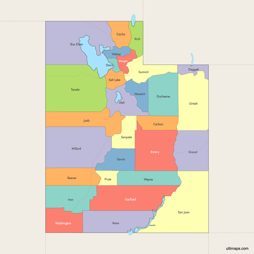 Preview of Colored Map of Utah Counties with Surrounding Areas