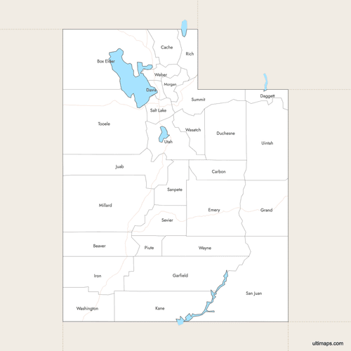 Preview of Labeled Map of Utah Counties with Surrounding Areas