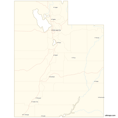 Preview of Map of Utah Counties with Cities
