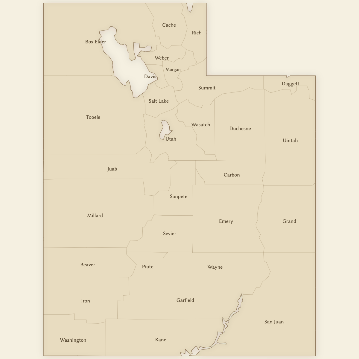 Styled Map of Utah Counties (Vintage Theme)