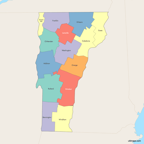 Preview of Colored Map of Vermont Counties with Surrounding Areas