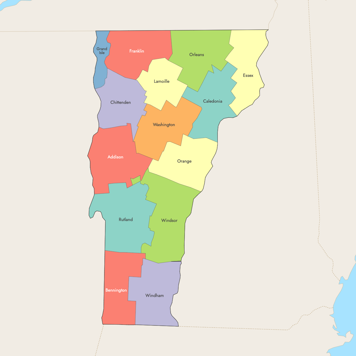 Map of Vermont Counties with surrounding areas