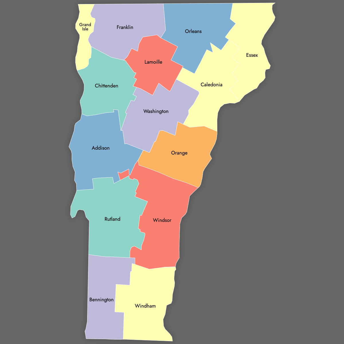 Custom Map of Vermont Counties with Labels (Dark Theme)