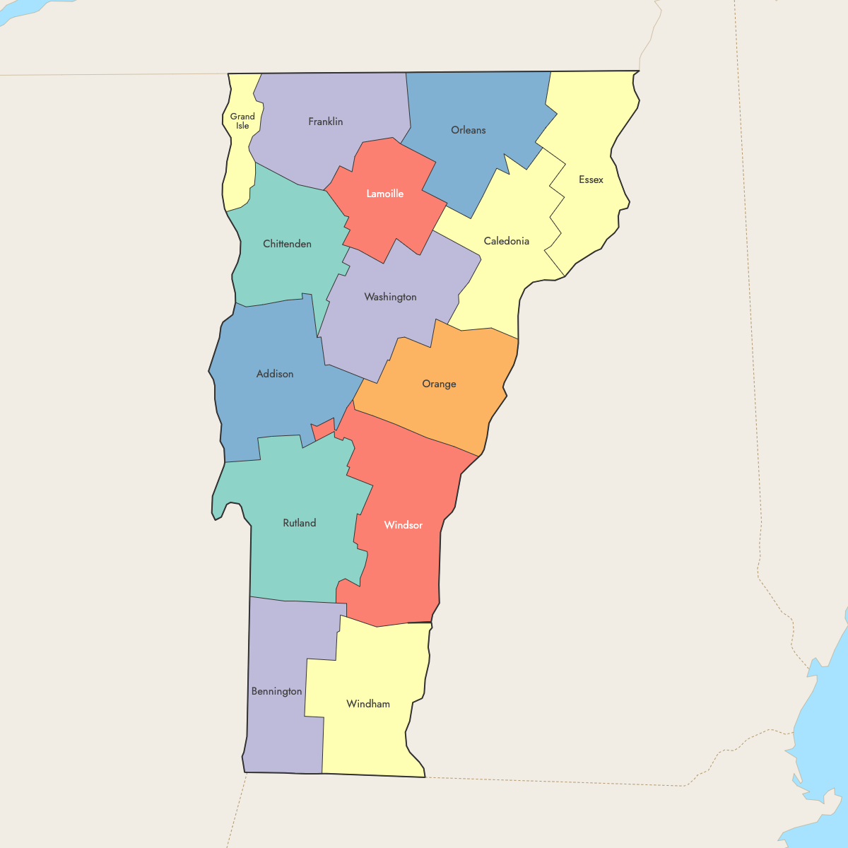 Custom Map of Vermont Counties with Surrounding Areas