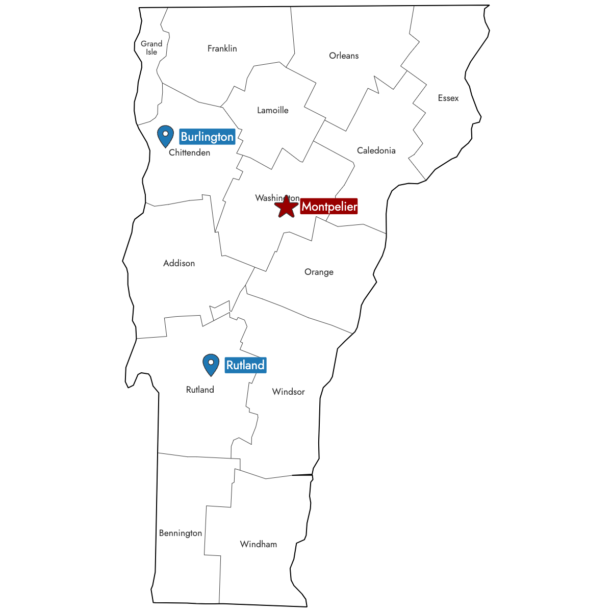 Map of Vermont Counties with Pins