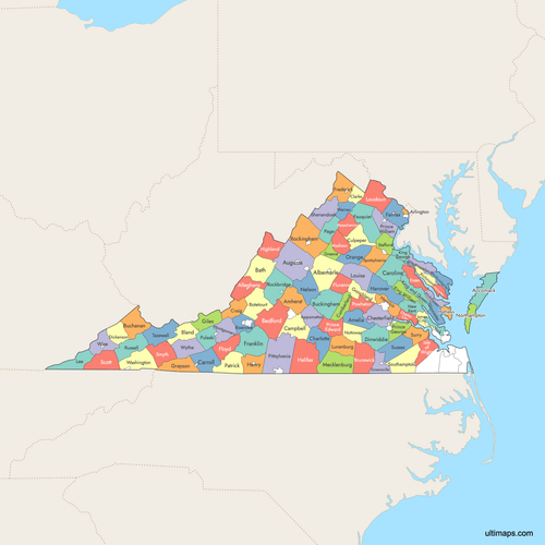 Preview of Colored Map of Virginia Counties with Surrounding Areas