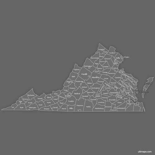 Preview of Labeled Map of Virginia Counties (Dark)