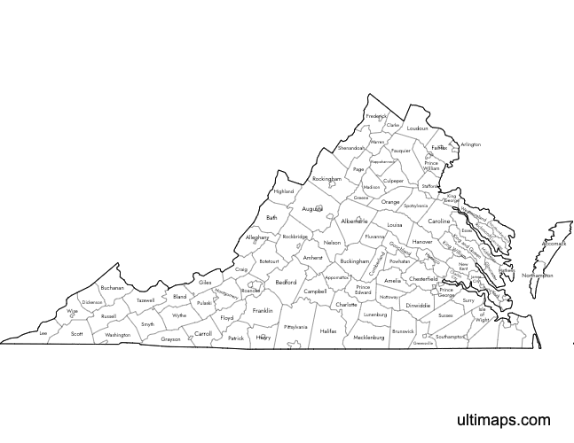 Preview of Labeled Map of Virginia Counties (Letter)