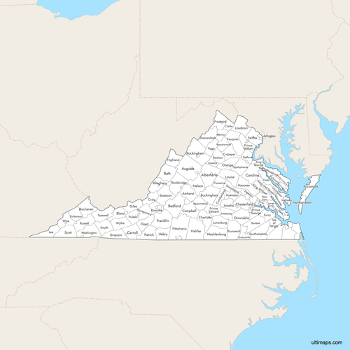 Preview of Labeled Map of Virginia Counties with Surrounding Areas