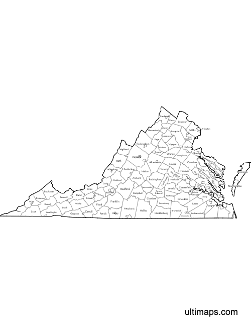 Preview of Labeled Map of Virginia Counties (Letter)