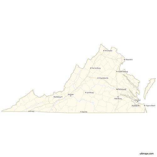 Preview of Map of Virginia Counties with Cities