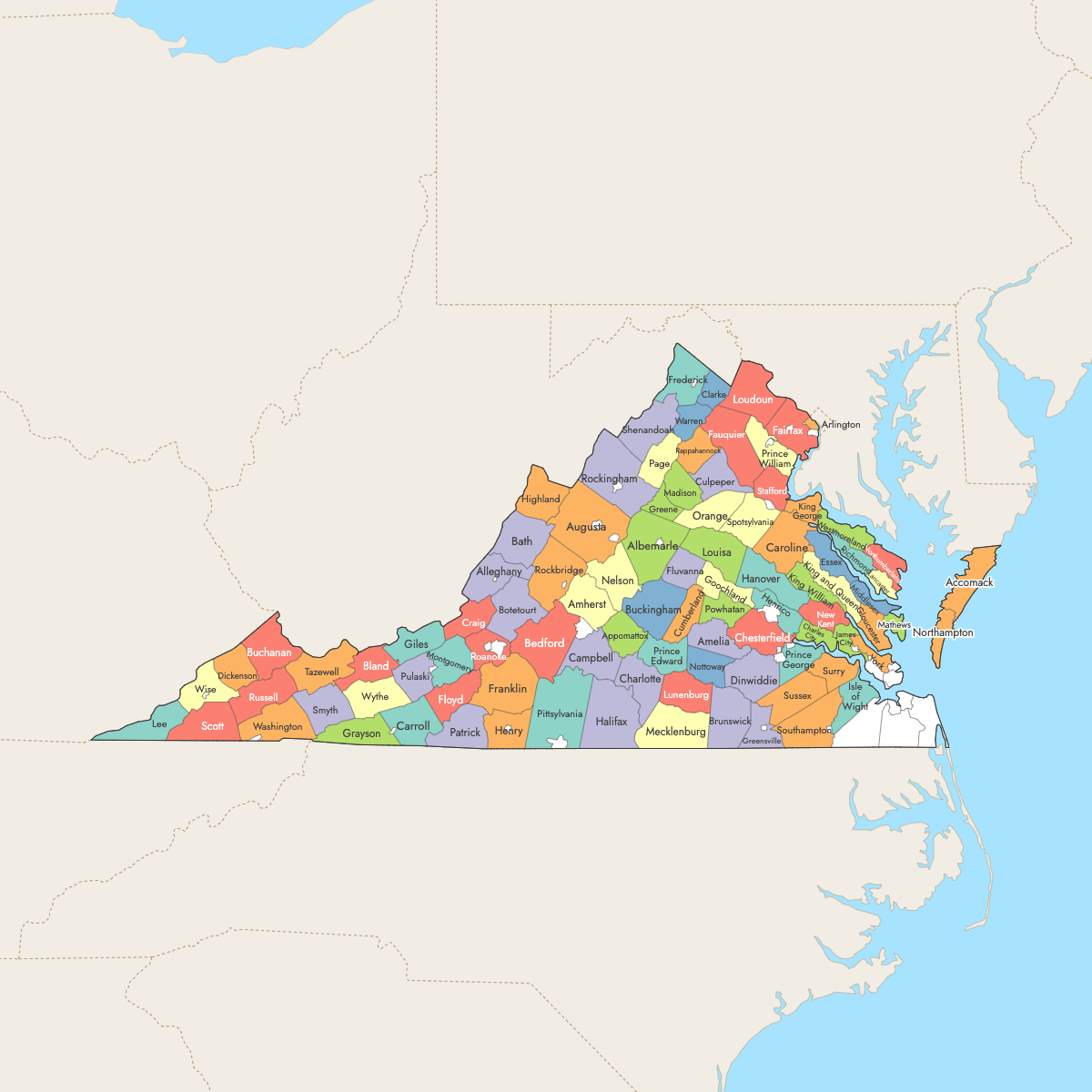 Map of Virginia Counties with surrounding areas