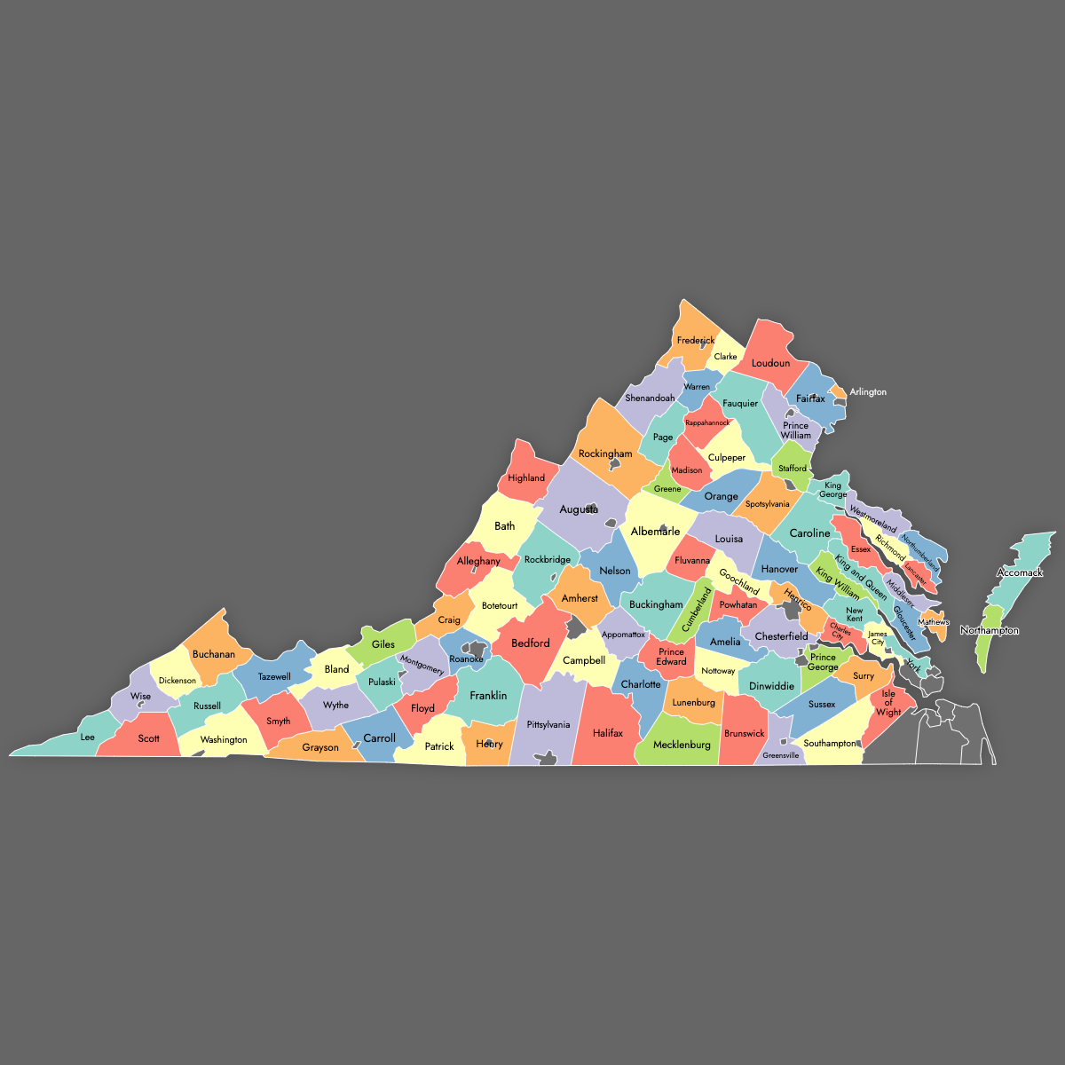 Custom Map of Virginia Counties with Labels (Dark Theme)