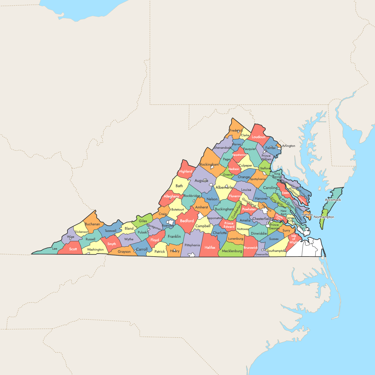 Custom Map of Virginia Counties with Surrounding Areas
