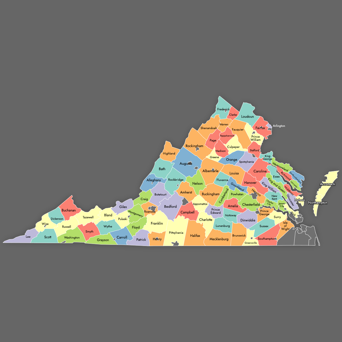 Custom Map of Virginia Counties With Labels