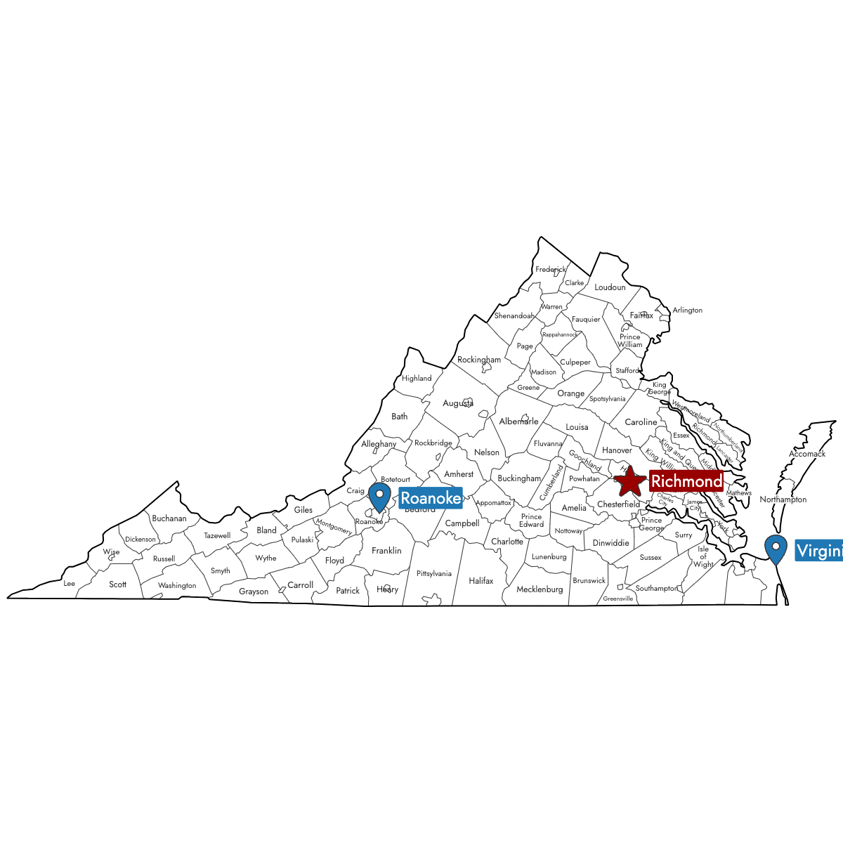 Map of Virginia Counties with Pins